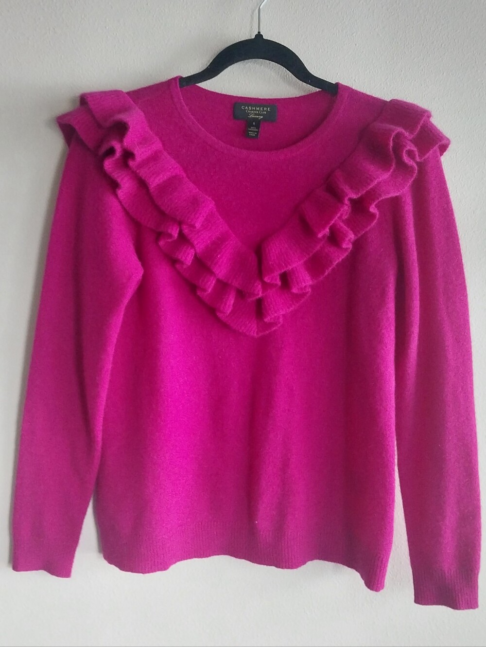 Charter Club Luxury Magenta Ruffle Yoke 100% Cashmere Long Sleeve Sweater
